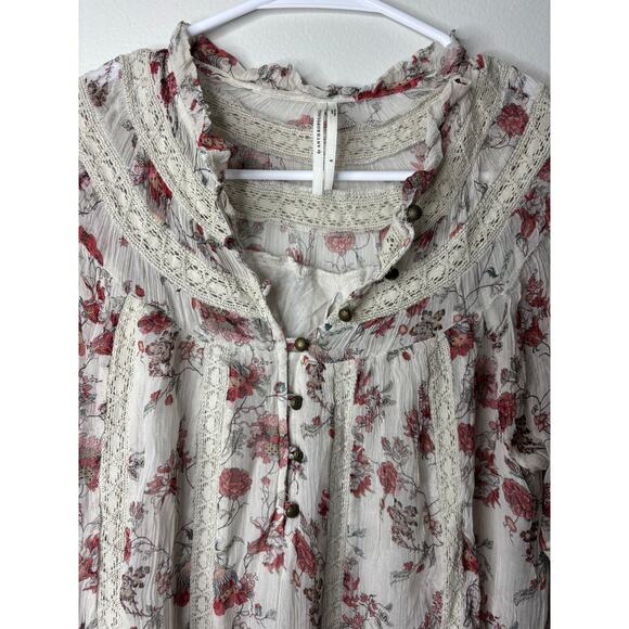 Anthropologie Boho Blouse tiny floral crinkle chiffon lace trim poet sleeve S - Picture 10 of 14